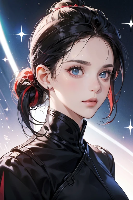 Nathalie, has pale skin with wrinkles under the eyes, bluebell eyes and black hair with a streak on the left side of her head that is dyed a red color. Her hair is pulled back into a bun with the hair on top with a piece of it hanging over her face.

However, from "Representation" to "Conformation", due to her illness, her dyed streak became white and she got dark eye bags. SPARKLE; GLITTER