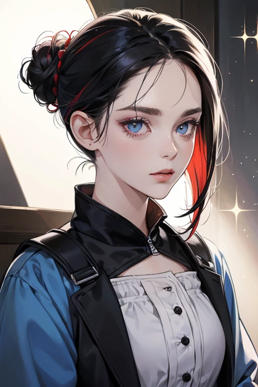 Nathalie, has pale skin with wrinkles under the eyes, bluebell eyes and black hair with a streak on the left side of her head that is dyed a red color. Her hair is pulled back into a bun with the hair on top with a piece of it hanging over her face.
However, from "Representation" to "Conformation", due to her illness, her dyed streak became white and she got dark eye bags. SPARKLE; GLITTER