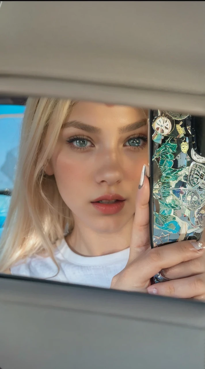 A fair-skinned girl with dark green eyes thin eyebrows blonde hair looking in a car mirror holding a phone in one of my hands red lips