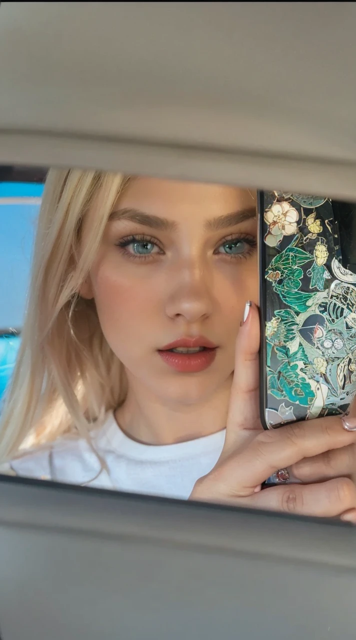 A fair-skinned girl with dark green eyes thin eyebrows blonde hair looking in a car mirror holding a phone in one of my hands red lips