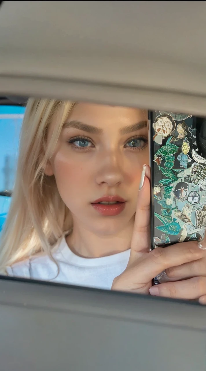 A fair-skinned girl with dark green eyes thin eyebrows blonde hair looking in a car mirror holding a phone in one of my hands red lips