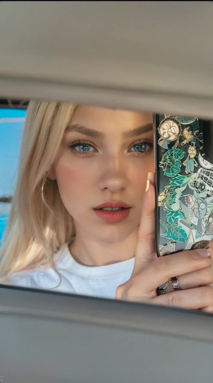 A fair-skinned girl with dark green eyes thin eyebrows blonde hair looking in a car mirror holding a phone in one of my hands red lips