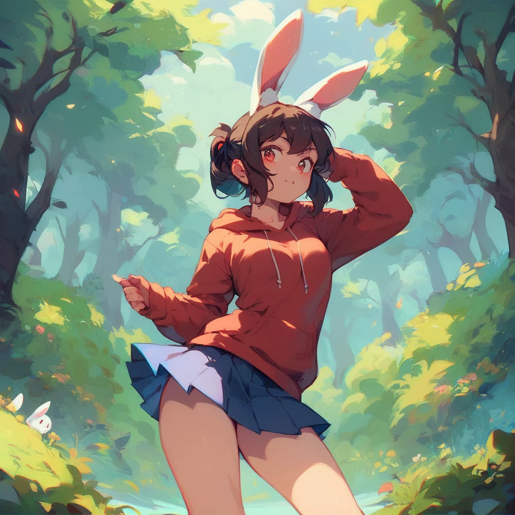 agi aij aiu, Best girl, rabbit ears, hoodie, skirt, forest background