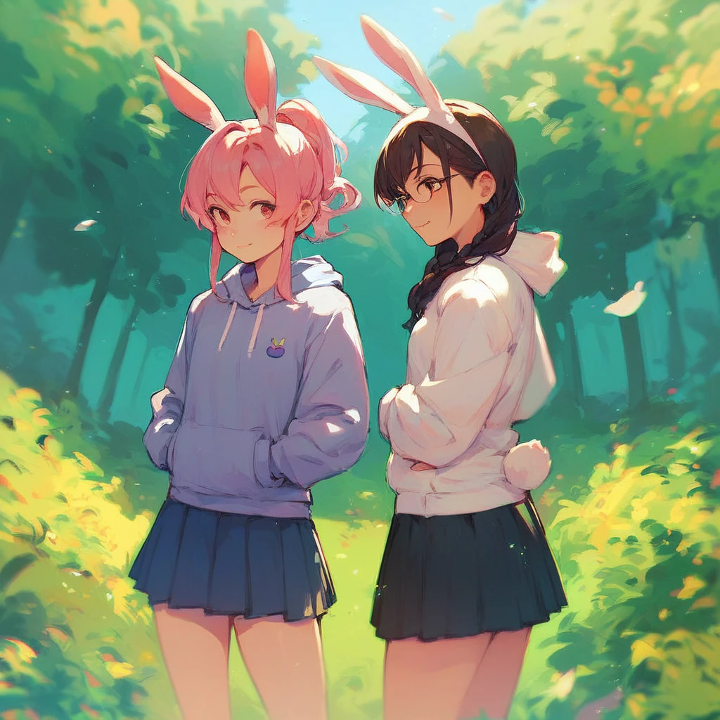 agi aij aiu, Best girl, rabbit ears, hoodie, skirt, forest background