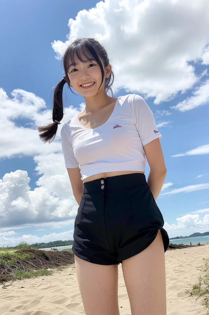 {2 | 3 | 4} girls standing in rural school beach,cumulonimbus cloud in summer sky,white micro bikini,18-year-old,bangs,a little smile,thighs,knees,black short hair with low pigtails bunches,from below,front light
