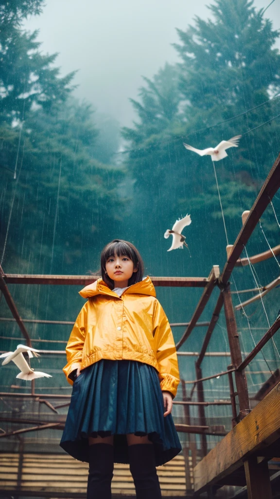 ((crane))、bird、Rainy Sky、1girl,from below
