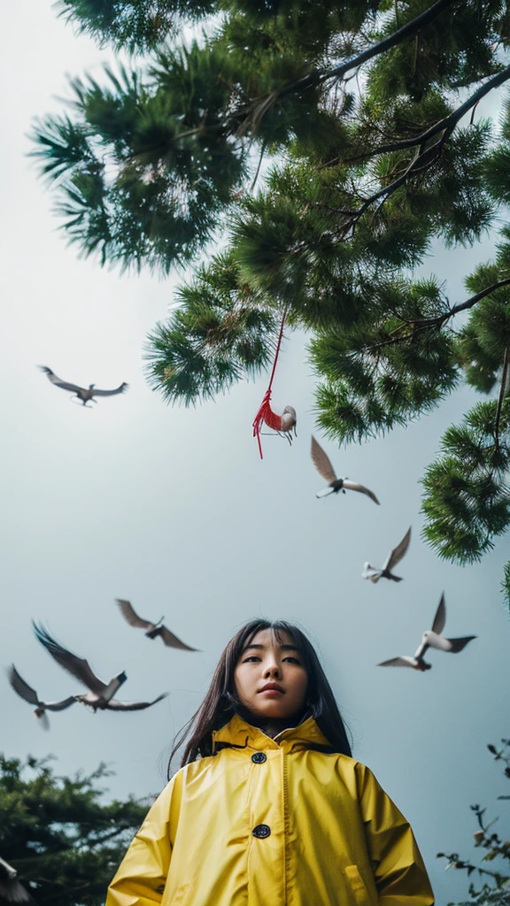 ((crane))、bird、Rainy Sky、1girl,from below