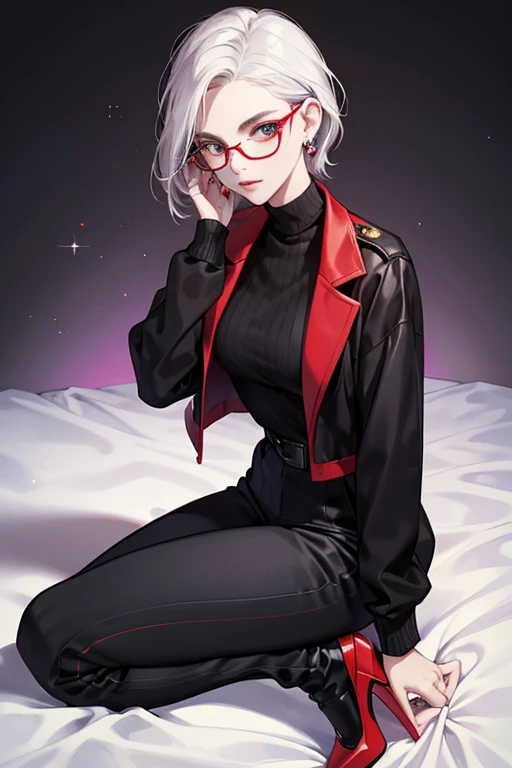 Nathalie has glasses with black and red striped frames and she wears very pale blue eyeshadow. She wears a red turtleneck sweater, a black dress jacket, black pants, and black medium-heel shoes. She also has round creamy-white earrings. From "Risk" and onwards she wore Emilie's wedding ring, which was entrusted to her by Gabriel, until he took it from her in "Representation". SPARKLE; GLITTER