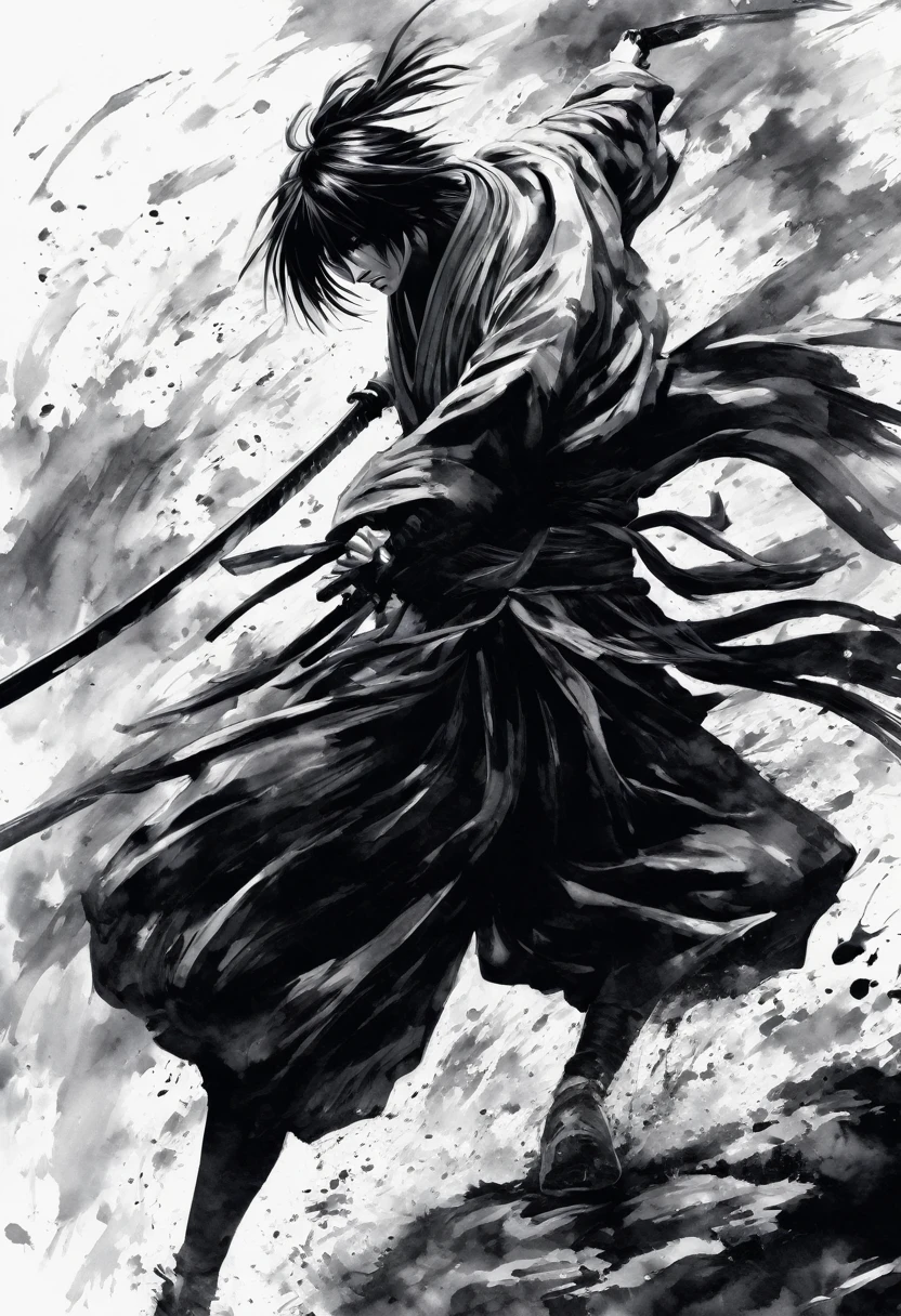 Ink painting,Ink Painting,Black and white painting,splash,(acrobatic pose,An intense sword fighting scene unfolds),Anime Rurouni Kenshin,main character、Kenshin Himura,Black Costume,(multiple crows:1.1),