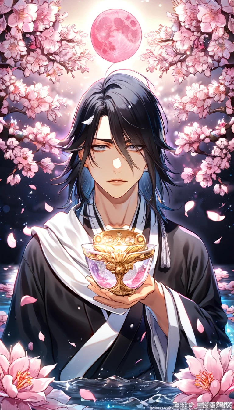 absurdres, highres, ultra detailed, HDR, master piece, best quality, extremely detailed, Kuchiki Byakuya, black hair, medium hair, expressive gray eyes, Bleach, solo,  man, handsome, black kimono, white scarf, magical, fantasy, glittering, sparkling, glass, blossoms, pink flowers, pink petals, water, pink moon