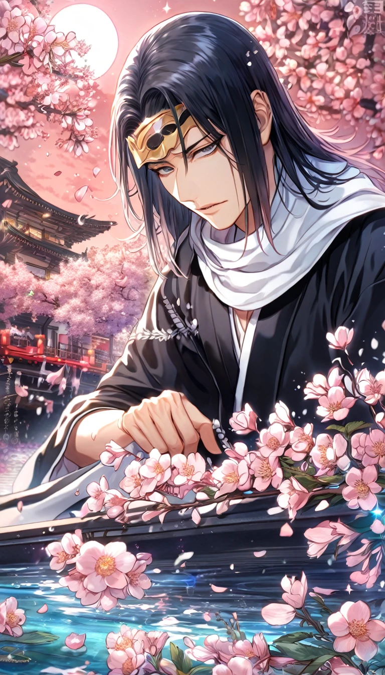 absurdres, highres, ultra detailed, HDR, master piece, best quality, extremely detailed, Kuchiki Byakuya, black hair, medium hair, expressive gray eyes, Bleach, solo, y man, handsome, black kimono, white scarf, magical, fantasy, glittering, sparkling, glass, blossoms, pink flowers, pink petals, water, pink moon