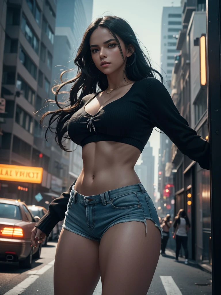 a beautiful detailed woman with long wavy black hair, piercing light blue eyes, a slim fit figure, wearing a cropped bra top, short tight shorts, and a loose sweater tied at the waist, hip hop dancing, full of energy and movement, (best quality,8k,highres,masterpiece:1.2),ultra-detailed,realistic,photorealistic,(cinematic lighting:1.2),dynamic pose,dramatic shadows,vibrant colors,rich textures,street urban dance