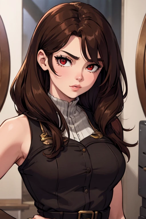 Perfect face, Perfect hands. A brown haired woman with red eyes and an hour