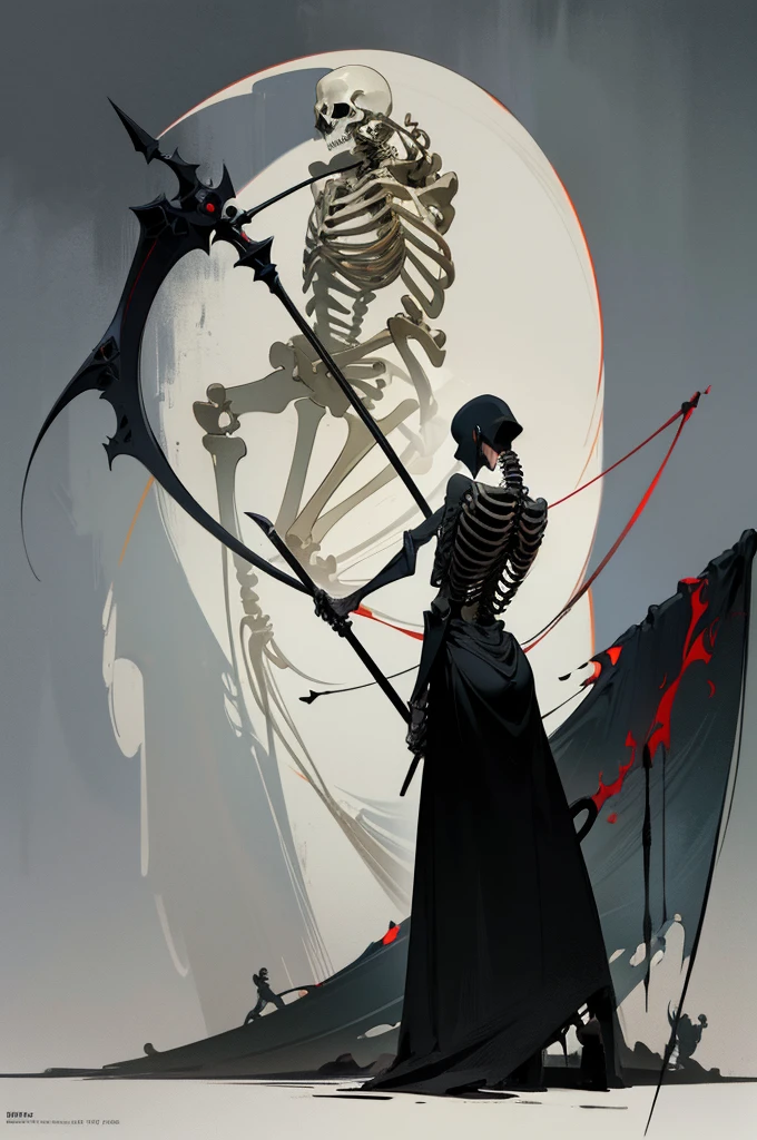 A painting of a skeleton holding a sickle and a scythe, Scythe design, the Angel of Death, Angel of Death, Full body concept, Spooky and gloomy art style, Detailed but rough, Skeletal signs, detailed Full body concept, back view of the grim reaper, Demon Soul concept art, skeleton with extra fleshy bits, dark souls concept