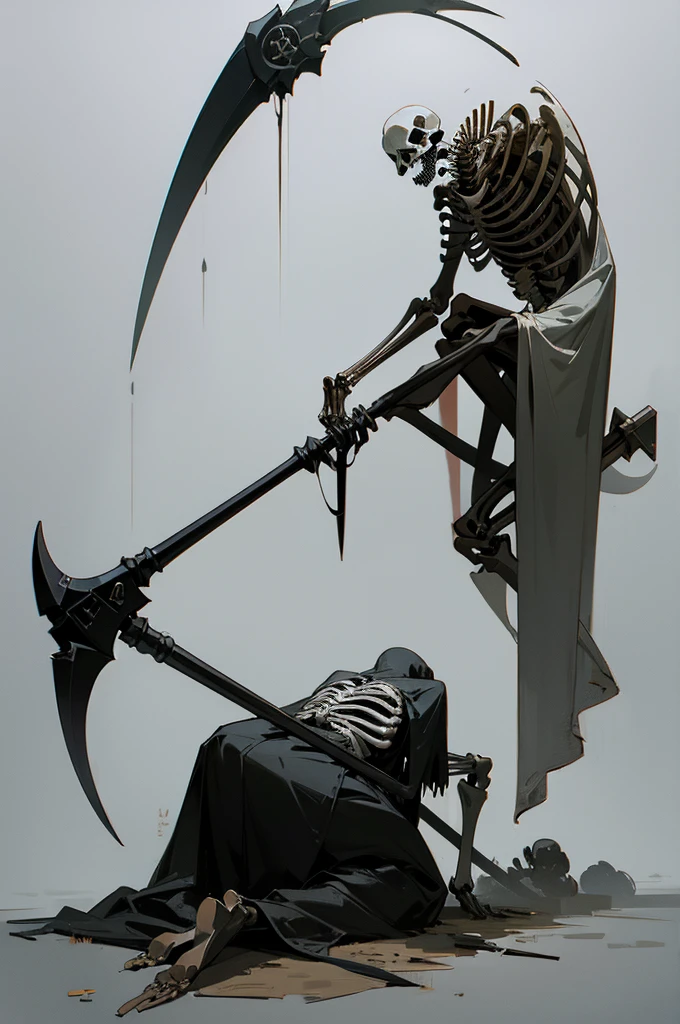 A painting of a skeleton holding a sickle and a scythe, Scythe design, the Angel of Death, Angel of Death, Full body concept, Spooky and gloomy art style, Detailed but rough, Skeletal signs, detailed Full body concept, back view of the grim reaper, Demon Soul concept art, skeleton with extra fleshy bits, dark souls concept