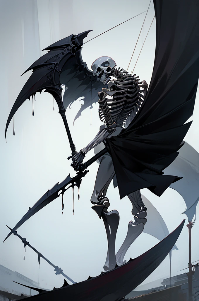 A painting of a skeleton holding a sickle and a scythe, Scythe design, the Angel of Death, Angel of Death, Full body concept, Spooky and gloomy art style, Detailed but rough, Skeletal signs, detailed Full body concept, back view of the grim reaper, Demon Soul concept art, skeleton with extra fleshy bits, dark souls concept