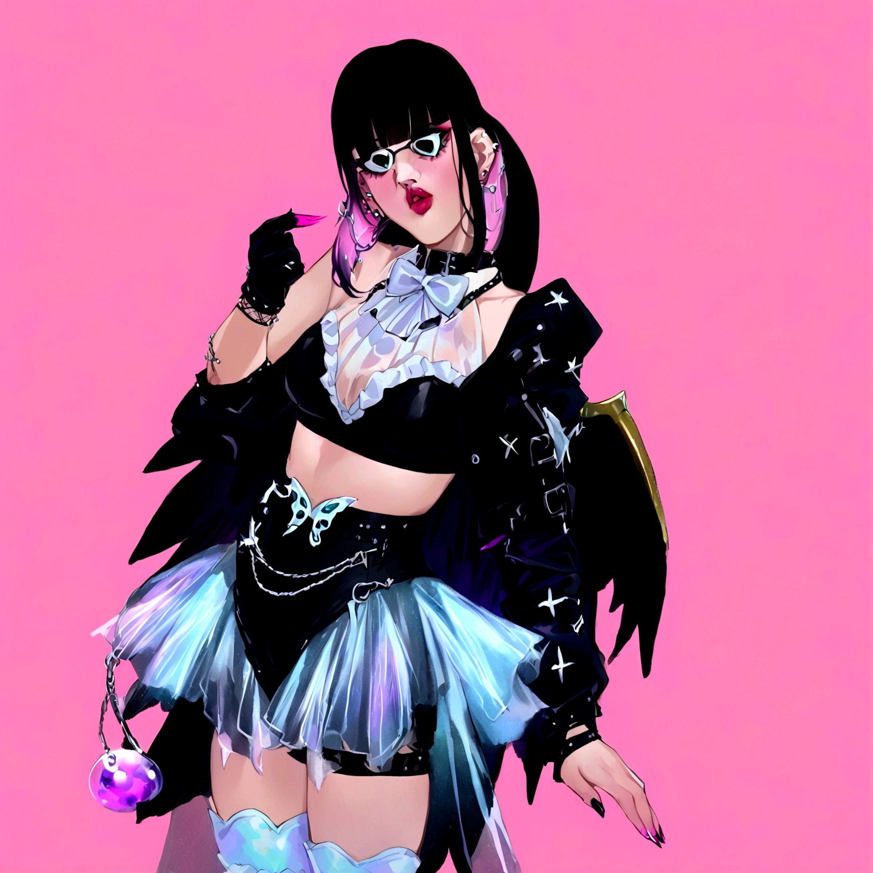 there is a woman in a costume that is standing up, inspired by Awataguchi Takamitsu, bubble goth, glitchpunk girl, pastel goth, morrigan, inspired by Jin Homura, goth girl, spellcasting pose, dollpunk, dressed in punk clothing, glamorous tifa lockheart, dressed in crustpunk clothing