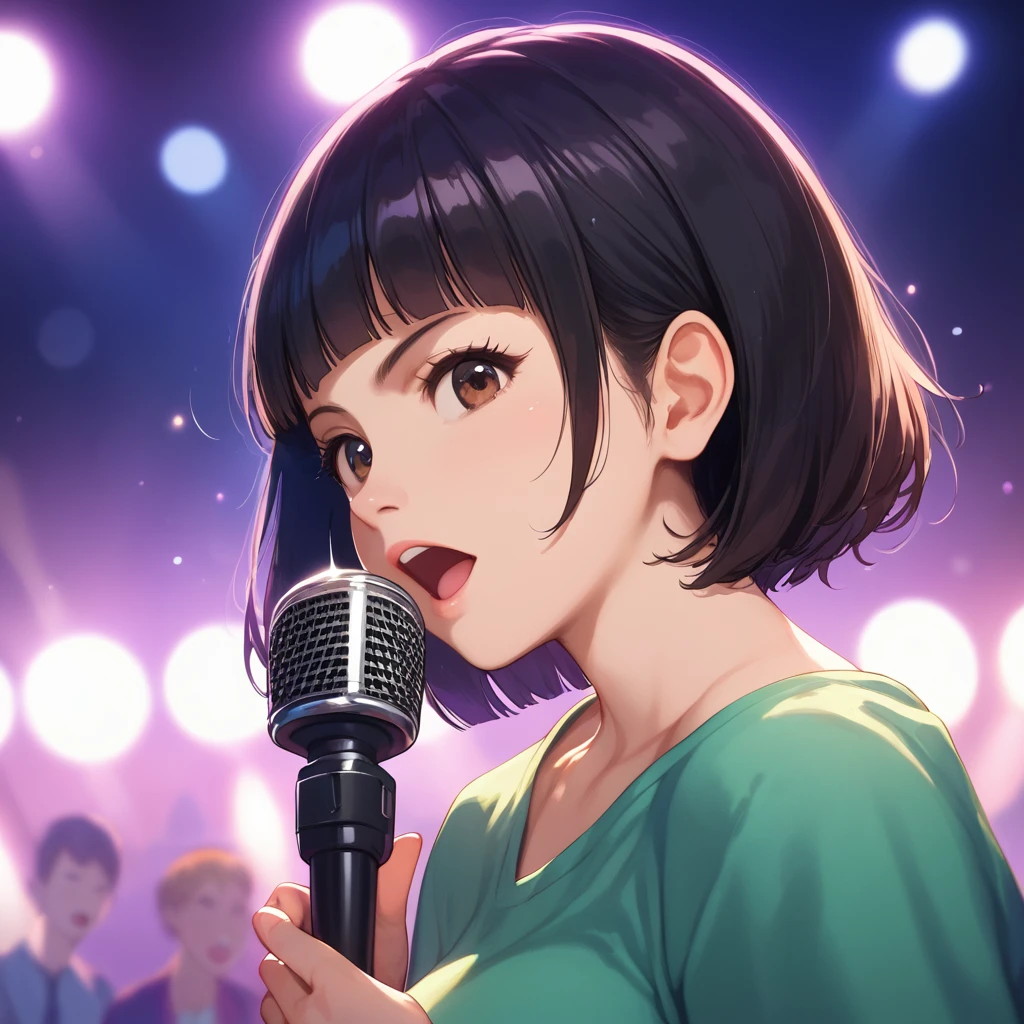 score_9,score_8_up,score_7_up,masterpiece,best quality, source anime, realistic, super detailed, extreme detailed, rating_safe,
1girl, singing, Hand Microphone, from side, (close up face:1.2),
BREAK girl, 22yo, short hair, bob cut, (blunt bangs), black hair, (tareme, detailed cute brown eyes), curled eyelashes, (large breasts:0.9),
shiny hair, beautiful detailed eyes, beautiful face,
Rock singer, Serious, angry, wide open mouth,
on stage, spot light, audience, Blurred Background,
