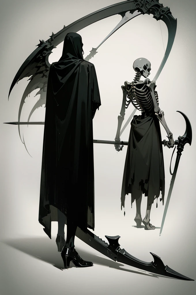 A painting of a skeleton holding a sickle and a scythe, Scythe design, the Angel of Death, Angel of Death, Full body concept, Spooky and gloomy art style, Detailed but rough, Skeletal signs, detailed Full body concept, back view of the grim reaper, Demon Soul concept art, skeleton with extra fleshy bits, dark souls concept