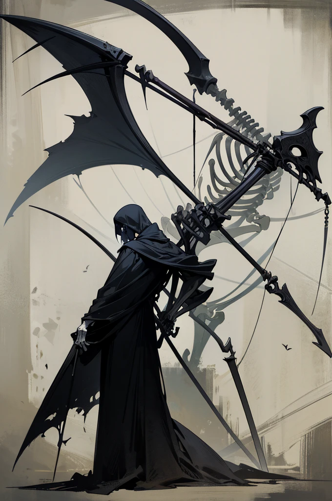 A painting of a skeleton holding a sickle and a scythe, Scythe design, the Angel of Death, Angel of Death, Full body concept, Spooky and gloomy art style, Detailed but rough, Skeletal signs, detailed Full body concept, back view of the grim reaper, Demon Soul concept art, skeleton with extra fleshy bits, dark souls concept