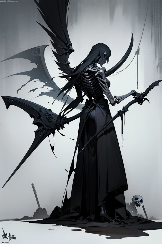 A painting of a skeleton holding a sickle and a scythe, Scythe design, the Angel of Death, Angel of Death, Full body concept, Spooky and gloomy art style, Detailed but rough, Skeletal signs, detailed Full body concept, back view of the grim reaper, Demon Soul concept art, skeleton with extra fleshy bits, dark souls concept