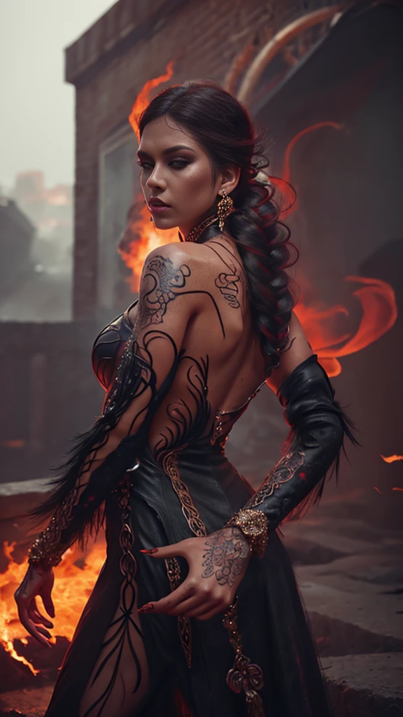 4k realistic ultra detailed photography of an athletic demonic woman, demonic woman wearing a maxi leather dress, hairstyle is a crazy braided hairstyle, demonic woman in a menacing moving standing model pose, photo background is a wall of smoke with black roses coming out of it, mood of the photography is gloomy, big lots of fiery tattoos