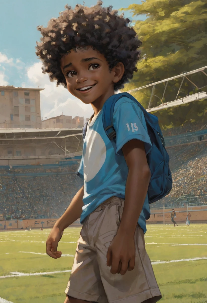 A poor Afro-Brazilian boy on a football field in Porto Alegre Rio Grande do Sul Brazil drawn by Todd McFarlane and Greg Capullo, he is wearing old and torn clothes, he is playing with a soccer ball and playing with his dog, a football field in the background, Robert Downey Jr Reference.., He does a hang loose with both hands, a sign that is characteristic of surfers, engine unreal, octane rendering, por Jacob Lawrence e Francis picabia, perfect composition, beautiful detailed intricate insanely detailed octane rendering trending on artstation, 8k art photography, photorrealistic concept art, soft natural volumetric cinematic perfect light, Bright dark, rewarded photography, artwork, rafael, Greg Rutkowski, beetle, Beksinski, giger, a smile on the face with two large central incisor teeth, large, protruding gums, the detail, highy detailed, photo realist