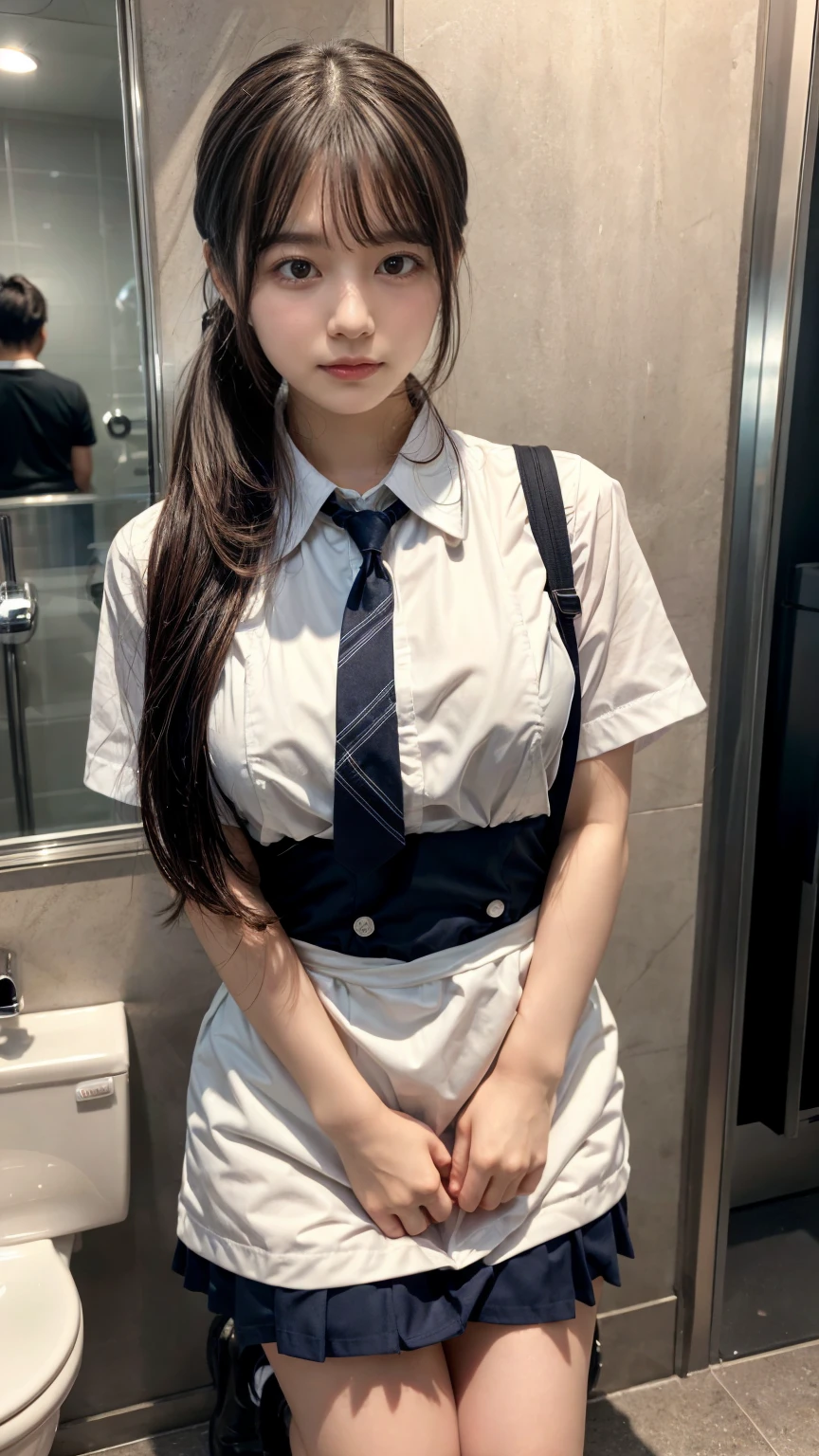 masterpiece, best quality, illustration, Super detailed, fine details, High resolution, 8K,wall paper, perfect dynamic composition,(Details High quality, realistic depiction of eyes:1.3), kneeling, Men's restroom at school, Toilet urinals lined up、waitress uniform, apron, large breasts, expresses the roundness and softness of your chest, Don't expose it、Disturbed uniform, ponytail, black hair color, Big Natural Color Lip, perfect body shape, crying a little、cold gaze, Harajuku style、20 year old girl、cute type, beautiful legs, Gravure Idol