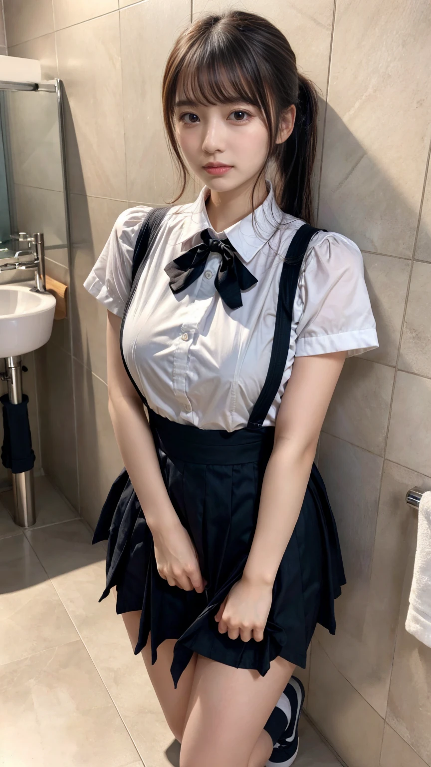 masterpiece, best quality, illustration, Super detailed, fine details, High resolution, 8K,wall paper, perfect dynamic composition,(Details High quality, realistic depiction of eyes:1.3), kneeling, Men's restroom at school, Toilet urinals lined up、waitress uniform, apron, large breasts, expresses the roundness and softness of your chest, Don't expose it、Disturbed uniform, ponytail, black hair color, Big Natural Color Lip, perfect body shape, crying a little、cold gaze, Harajuku style、20 year old girl、cute type, beautiful legs, Gravure Idol