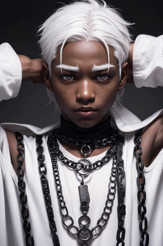 boy, white  hair, black eyes with white pupils, dark-skinned, defined, chains around the arms