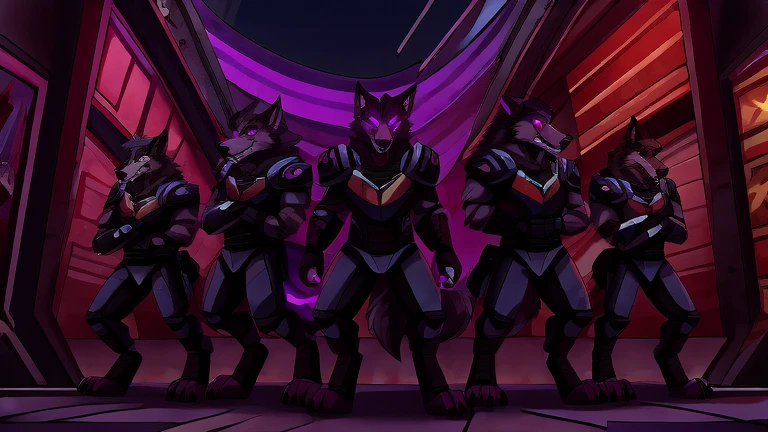 (masterpiece, best quality:1.2), group of Vortex male hellhounds, a couple of male bodyguards, wolves, furry, helluva boss, hypnotized with glowing purple eyes, angry serious face, wearing futuristic armor, using a Pulse Rifle, Energy Rifle, Futuristic assault rifle, commanded by Loona, chasing something, hell streets background