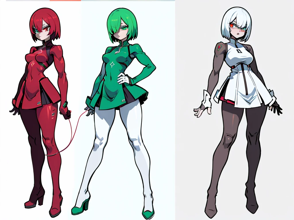 ((full bodyesbian)), (Simple background), ((multiple views)), ((High resolution)), (simple background), (white backgrounid:1.3), 1girl, muscular frame with thick, skin with glowing circuits in green or red, red or green but glowing eyes, multicolored hair, hair over one eye, dress futuristic dress and pantyhose, stands in a challenging pose, hands on hips, exuding a terrifying yet captivating presence, with a full-body representation.