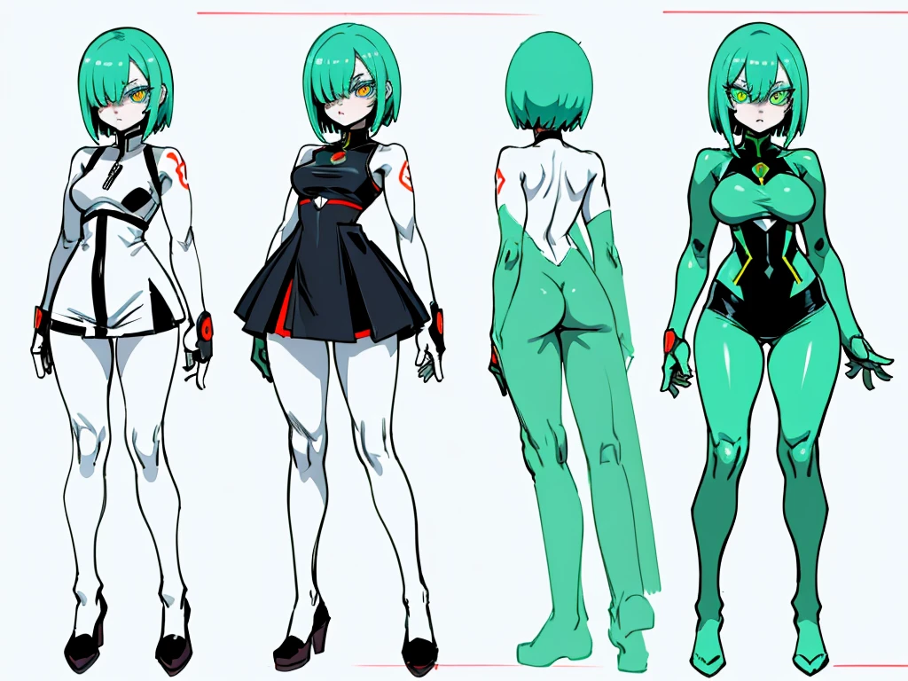 ((full bodyesbian)), (Simple background), ((multiple views)), ((High resolution)), (simple background), (white backgrounid:1.3), 1girl, muscular frame with thick, skin with glowing circuits in green or red, red or green but glowing eyes, multicolored hair, hair over one eye, dress futuristic dress and pantyhose, stands in a challenging pose, hands on hips, exuding a terrifying yet captivating presence, with a full-body representation.