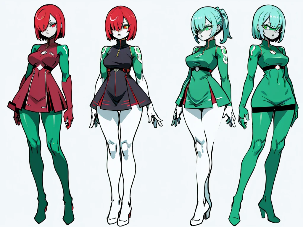 ((full bodyesbian)), (Simple background), ((multiple views)), ((High resolution)), (simple background), (white backgrounid:1.3), 1girl, muscular frame with thick, skin with glowing circuits in green or red, red or green but glowing eyes, multicolored hair, hair over one eye, dress futuristic dress and pantyhose, stands in a challenging pose, hands on hips, exuding a terrifying yet captivating presence, with a full-body representation.