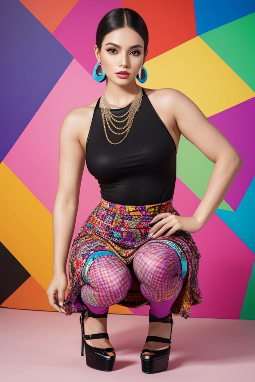 extreme obesity, best quality, masterpiece, Fashion with a piece of fabric that exposes almost the entire upper body, H-shaped skirt that reveals more than 10cm above the knees, High heels that are very flashy and have a heel of more than 7 cm., large, colorful necklace, large and colorful earrings, large and colorful bracelets, Stockings with colorful and unconventional colors and patterns, Underwear with flashy and unconventional colors, patterns and shapes