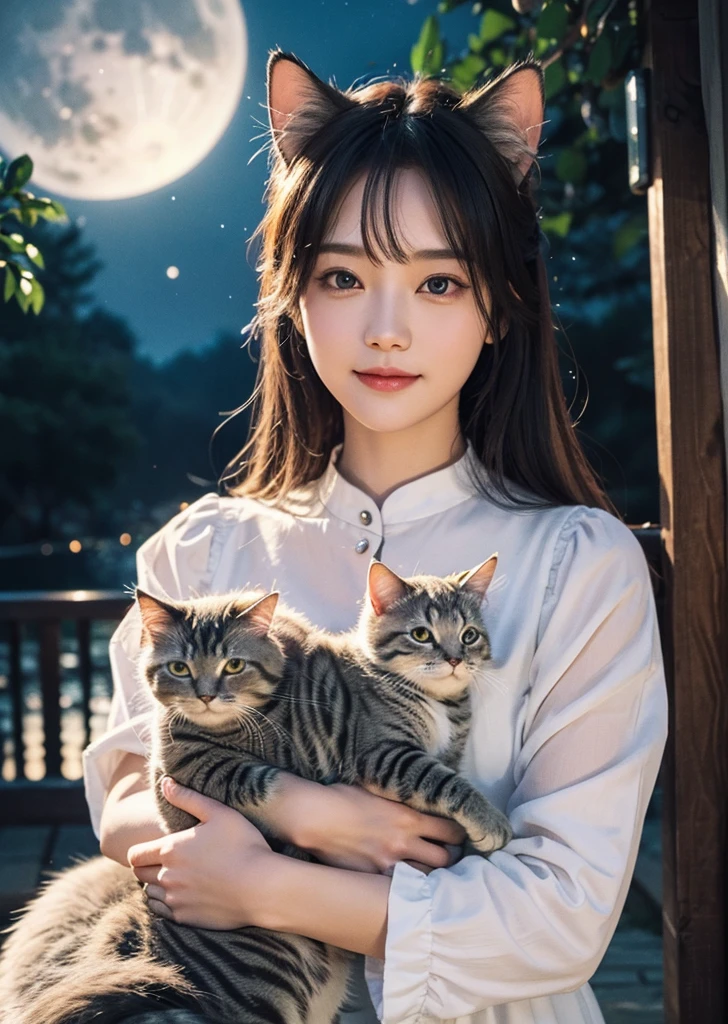Diffuse lighting、 Highest quality, High resolution, unity 8k wallpaper、Supersaturation, Colorful, fairy tale, dream-like, Movie-like characters, oil, 3d, 8K resolution, Sequins, Sparkling, moonlight, Close-up portrait adorable,Too cute cat, Fine grain, Large, round, reflective eyes,Dreamland、pastel colour、pleasant to the touch、Facing forward、smile、full moon、Mysterious Flower、Beautiful cat、cute cat、Surrounded by many cats、Lost in Cat Country、