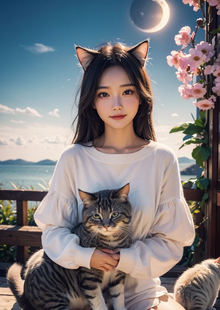 Diffuse lighting、 Highest quality, High resolution, unity 8k wallpaper、Supersaturation, Colorful, fairy tale, dream-like, Movie-like characters, oil, 3d, 8K resolution, Sequins, Sparkling, moonlight, Close-up portrait adorable,Too cute cat, Fine grain, Large, round, reflective eyes,Dreamland、pastel colour、pleasant to the touch、Facing forward、smile、full moon、Mysterious Flower、Beautiful cat、cute cat、Surrounded by many cats、Lost in Cat Country、