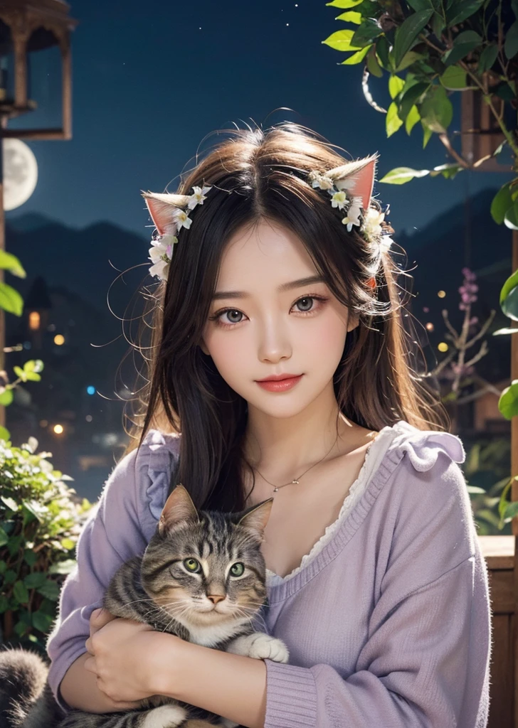 Diffuse lighting、 Highest quality, High resolution, unity 8k wallpaper、Supersaturation, Colorful, fairy tale, dream-like, Movie-like characters, oil, 3d, 8K resolution, Sequins, Sparkling, moonlight, Close-up portrait adorable,Too cute cat, Fine grain, Large, round, reflective eyes,Dreamland、pastel colour、pleasant to the touch、Facing forward、smile、full moon、Mysterious Flower、Beautiful cat、cute cat、Surrounded by many cats、Lost in Cat Country、