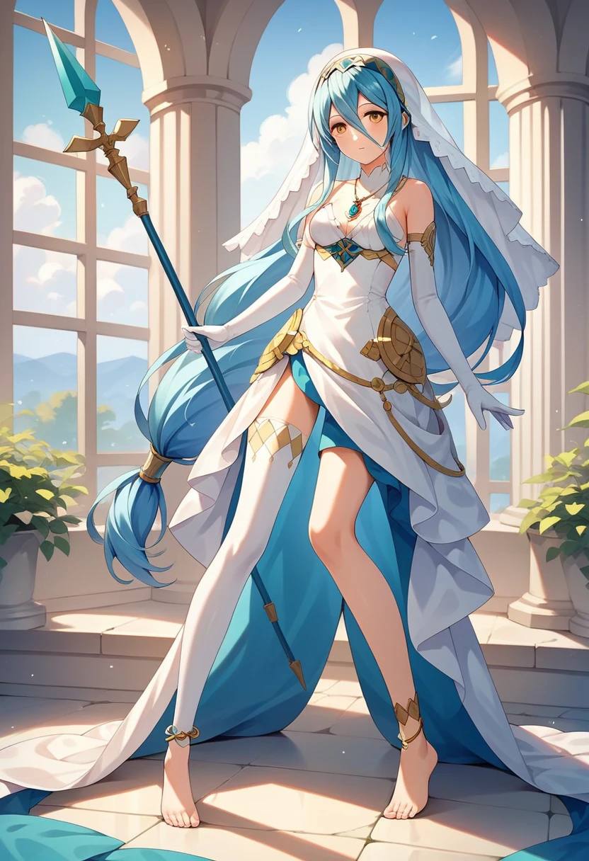 masterpiece, Highest quality, Very detailed, score_9, score_8_upper, score_7_upper, score_6_upper, アニメ, Aqua(Fire emblem), azura_(FEif), Low-tied_long_hair, light_blue_hair, Yellow Eyes, Asymmetrical legwear, barefoot, Opera Gloves, pendant,White legwear, Single bare leg, White Dress, hair band, Long hair between the eyes, Gold Anklet, Veil, Beautiful Eyes, Perfect Face, Perfect hands, Perfect Fingers, medium breasts, Very beautiful long legs, Thighs, spear, Have a weapon, standing at attention