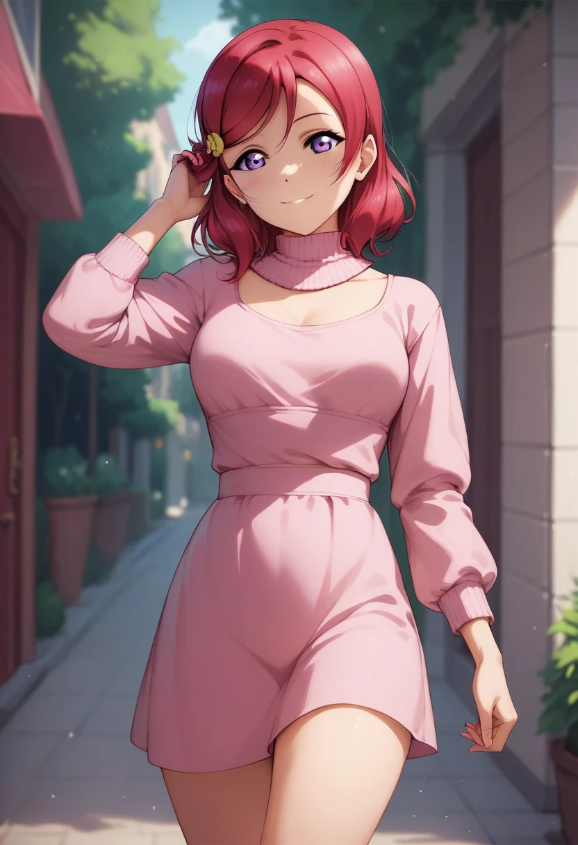 masterpiece, best quality, highres, nishikino maki,purple eyes,red hair, sexy, pink skinny dress,llchar,love live, turtle neck, breasts apart , walking, thighs,long sleeves , one hand on hair 