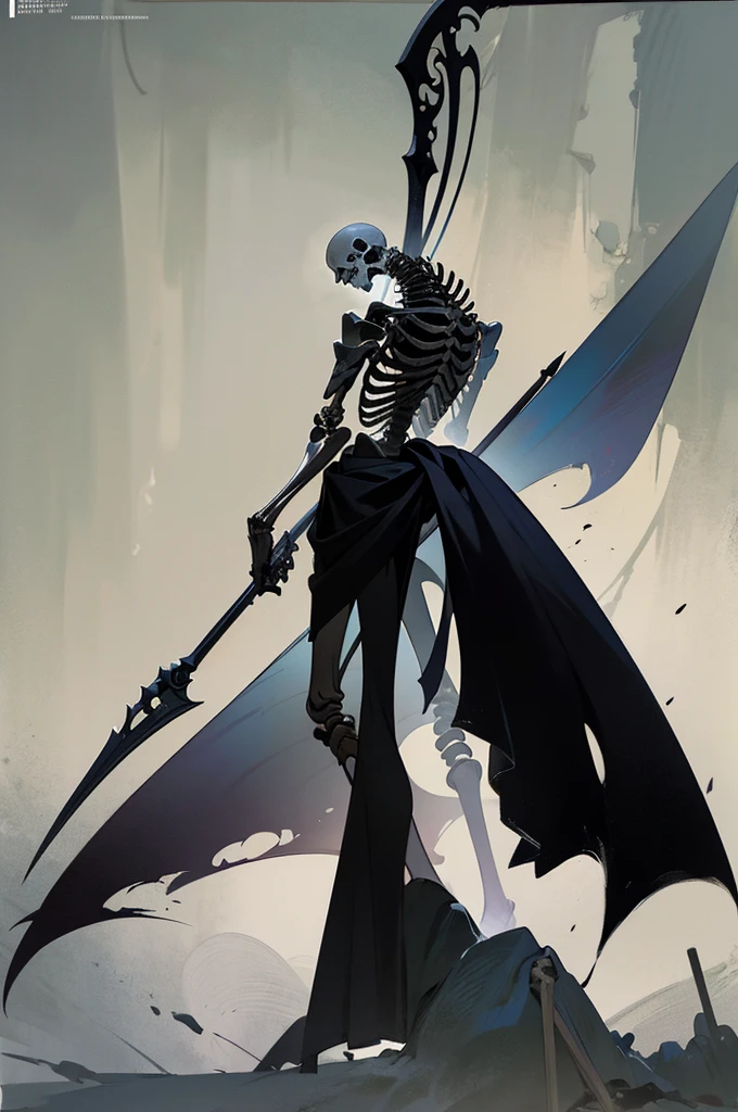 A painting of a skeleton holding a sickle and a scythe, Scythe design, the Angel of Death, Angel of Death, Full body concept, Spooky and gloomy art style, Detailed but rough, Skeletal signs, detailed Full body concept, back view of the grim reaper, Demon Soul concept art, skeleton with extra fleshy bits, dark souls concept