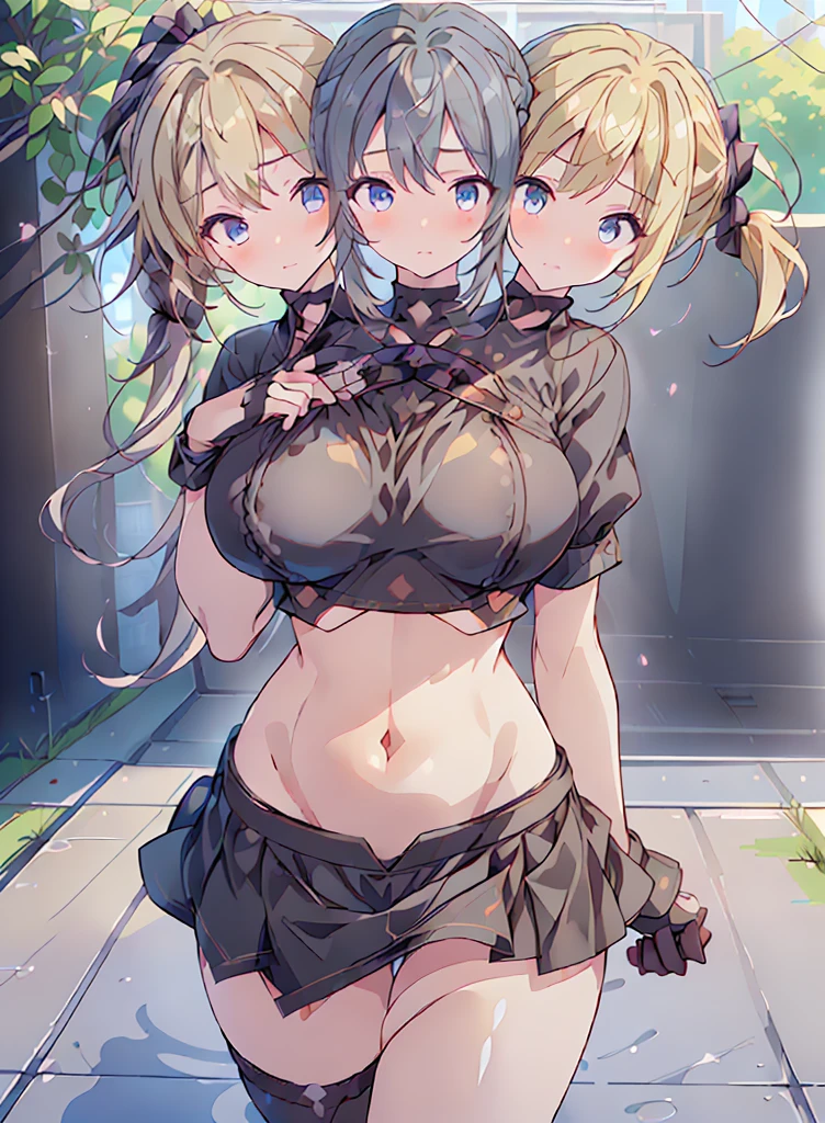 (best quality, (masterpiece),(ultra-detailed), (high quality), (high resolution), ((3heads:1.5)), best quality:1.5, highres, UHD, 16K), smiling, highres, masterpiece, ((blonde hair)) ((black hair)), ((different hair colors)) ((ponytails:1.5)), long hair,blushing, blue eyes, ((cinematic particles)), grey skirt, (black fingerless gloves), cowboy shot, ((gray crop top)), exposed midriff, open belly, ((pulled up sleeves)), college grounds, open breasts, huge tits, very detailed eyes, beautiful eyes,