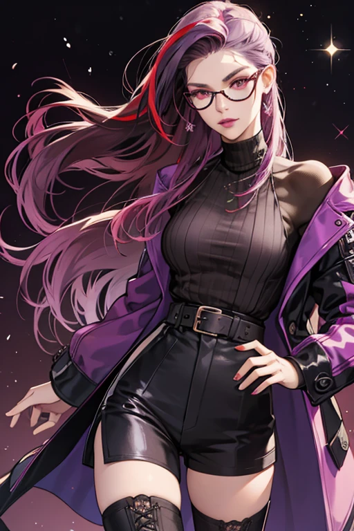 safari she had pale light grayish purple skin, vivd red eyes with dark purple sclera, dark purple lips, a pair of pince nez type glasses and her hair was slicked back with her red streak being more evident and vibrant. She wore a dark purple turtleneck short-sleeved sweater, a camouflage hunting short-sleeved jacket and shorts, dark purple fingerless gloves and black knee high boots with laces at the front. SPARKLE; GLITTER