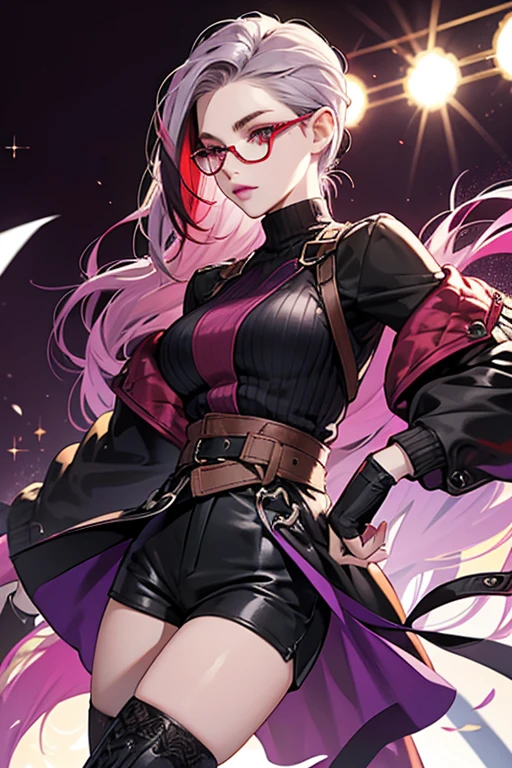safari she had pale light grayish purple skin, vivd red eyes with dark purple sclera, dark purple lips, a pair of pince nez type glasses and her hair was slicked back with her red streak being more evident and vibrant. She wore a dark purple turtleneck short-sleeved sweater, a camouflage hunting short-sleeved jacket and shorts, dark purple fingerless gloves and black knee high boots with laces at the front. SPARKLE; GLITTER