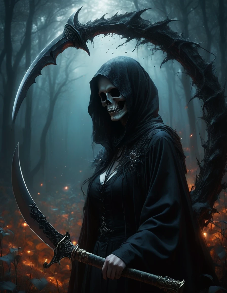 ((Masterpieces with up to 16K resolution):1.6),((soft_color_photograph:)1.5), ((超detailed):1.4),((Cinematic stills and dynamic angles):1.3) | ((double contact):1.3), ((Scary black grim reaper silhouette effect):1.2), ((Superimposed on a beautiful woman):1.1)《Dark forest sky》Agnes Cecil, Jeremy Mann, Oil and ink on canvas, Awesome dark art, Super Dramatic Lights, photographイラスト, Amazing depth, the Ultra-detaileded, 虹colorの黒, Extra dreams, intricately detaileds, Amazing depth, Great atmosphere, A fascinating, unusual and vibrant landscape, ((Shinigami Sickle):1.1), Maximalism ((It's Beautiful Outside, The inside is ugly, Pressure and pain, Beauty and despair, hard and soft, positive and negative, Hot and cold, Sour, Lively but boring, perfectionな調和, Light and shadow, Young and old, Black and White, Corresponding color, Noise々Quiet and peaceful, Chaos and Peace, life-and-death):1.2) A complex masterpiece from the leader in real-time engineering. | Rendered in Ultra-high definition with UHD and retina quality, this masterpiece ensures anatomical correctness and textured skin with super detailed. Focus on high quality and precision, This award-winning work is、Capture every nuance with stunning 16K resolution, Immerse the viewer in the vivid depiction. | ((perfection_composition, perfection_design, perfection_Layout, perfection_detailed, Ultra_detaileded)), ((Strengthen_all, repair_all of)), Learn more, Strengthen.