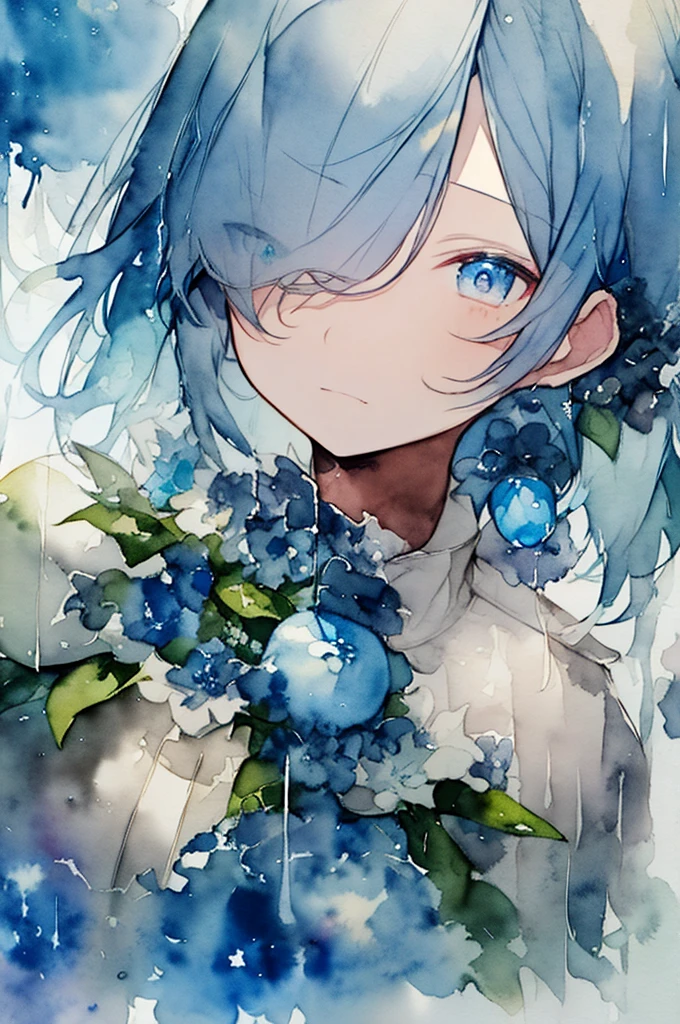 (watercolor: 1.2), people, Face, eye, Bell, Short bob hairstyle, Blue Hair、rain、青いブルーBellの花, blue flower, anger, hatred, Self-centeredness