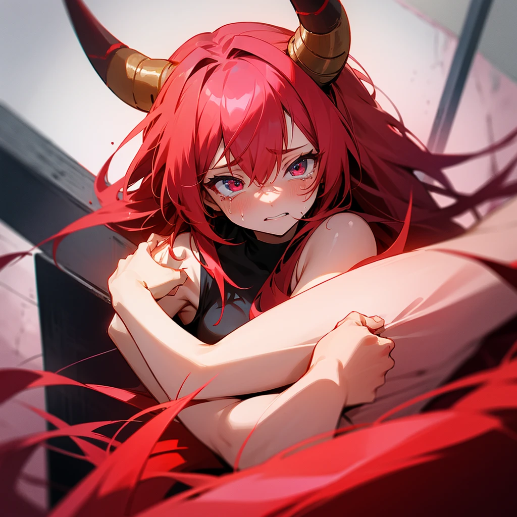 Girl with red hair, red eyes, red horns, with another girl with pink hair with red highlights, blue eyes, hugging, beaten and small, crying