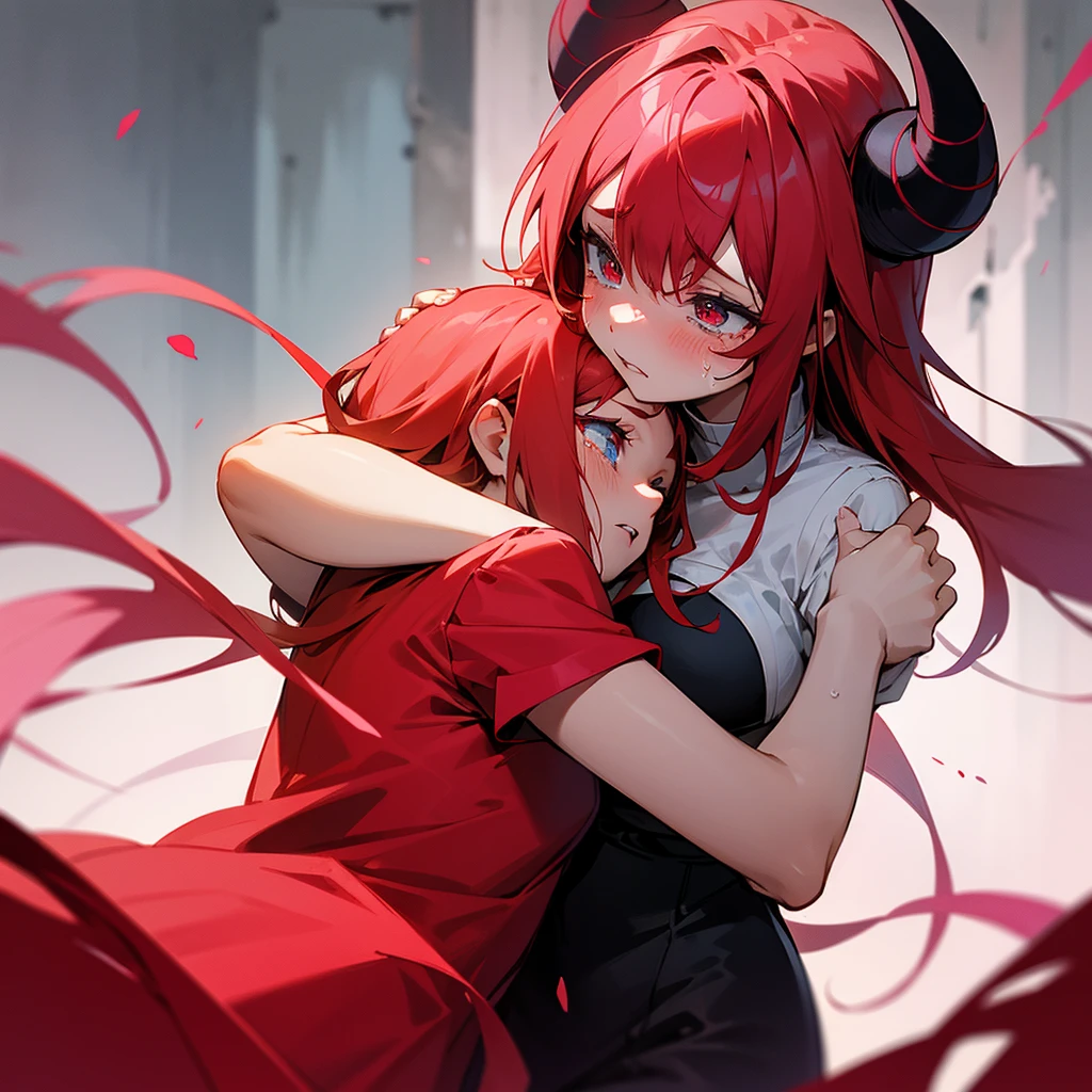 Girl with red hair, red eyes, red horns, with another girl with pink hair with red highlights, blue eyes, hugging, beaten and small, crying
