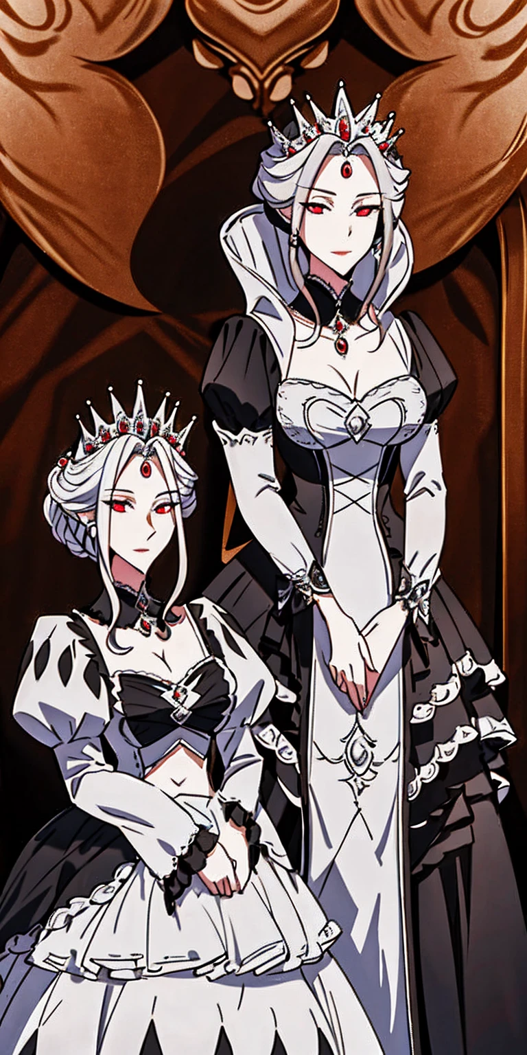 subject:

adult woman (maid of honor)
Full height Muscular build Shiny, porcelain skin Very long white hair White braid hairstyle Blind eyes Smile Extremely large breasts Maternal features Visible navel Defined abs Direct gaze at the viewer Attire:

Vestido de maid of honor (not specified in detail)
Additional items:

Oni Horns Quality:

Masterpiece High quality Additional details:

perfect lighting