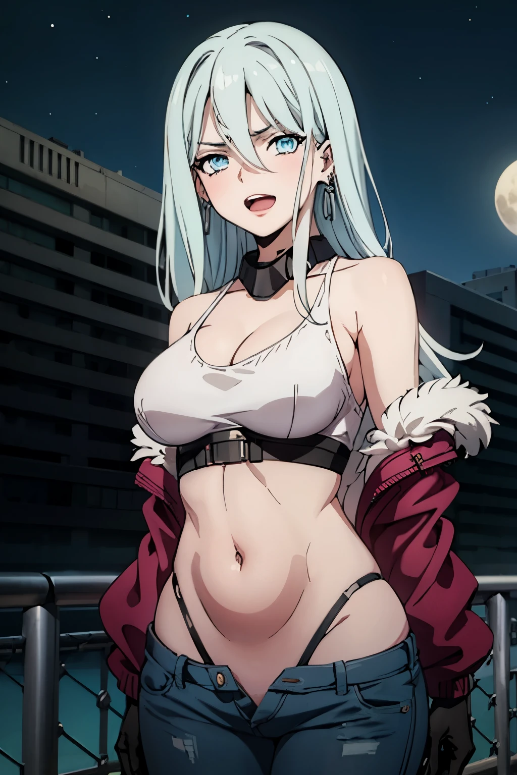 1girl, solo, schnee_synduality_noir, black hair, blue eyes, long hair, ear piercing, long hair, blush, lipstick,Hot girl, baddie, staring, glaring, bad attitude, mean girl, dare, angry, hate, crazy, smoking, sensual, attractive ,fur trim, mature female, gloves, fur-trimmed coat , outdoors, rooftop, cityscape, building, railing, night, night sky, scenery, moon, city lights, gloves,jacket, masterpiece,high quality,4k, bare shoulder,belly,crop top,outdoor,cleavage,jeans,casual dress,street,road,smile, open mouth, (nsfw) not safe for work, holding a gun,handgun, evil expression, exposed belly, exposed navel, exposed midriff, exposed lower belly, crop top overhang, underboob, unbuttoned jeans , low rise black jeans, Low rise jeans, Low rise jeans with open fly, navel piercing